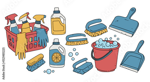 Cleaning supplies collection: brushes, sprays, bubbles, and buckets for household chores vector illustration