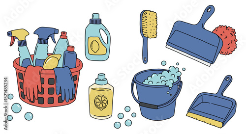 House cleaning essentials with soap, gloves, and cleaning supplies for home maintenance vector illustration