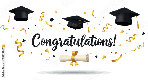 Graduation celebration with flying caps and diploma for congratulations card design vector illustration
