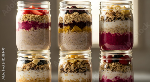 Layered Overnight Oats In Jars With Fruit And Granola Toppings