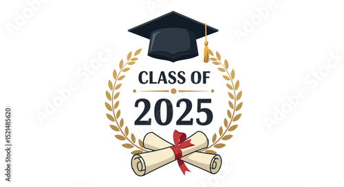 Graduation celebration class of 2025 with cap and diplomas vector illustration