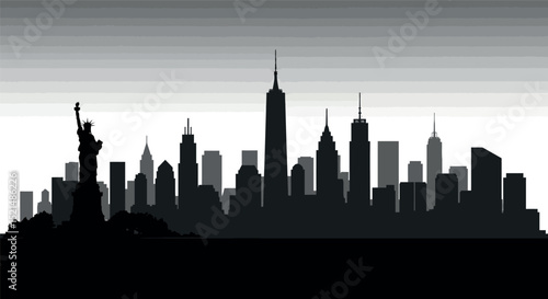 New york city skyline silhouette with statue of liberty at sunset vector illustration