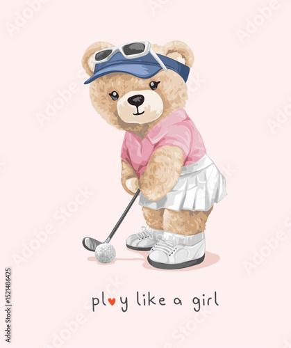 cute girly bear doll golfer vector illustration hand drawn - not auto trace
