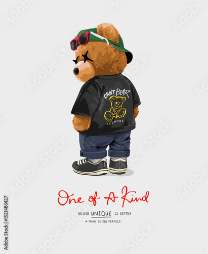 cool bear doll in street fashion style standing back vector illustration hand drawn - not auto trace