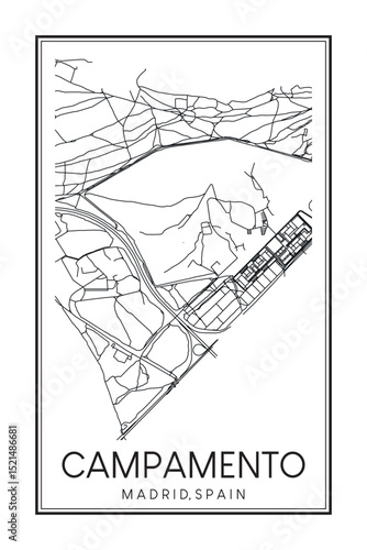 Hand drawn printable downtown road map poster of borough CAMPAMENTO of the Spanish city of MADRID on solid white background with city name