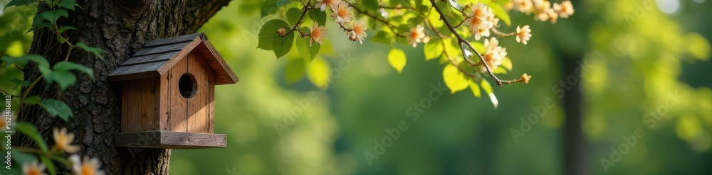 A charming wooden birdhouse amidst lush greenery and vibrant flowers on a deciduous tree's outer edge , tree, blossoms A charming wooden birdhouse amidst lush greenery and vibrant flowers on a deciduous tree's outer edge , tree, blossoms