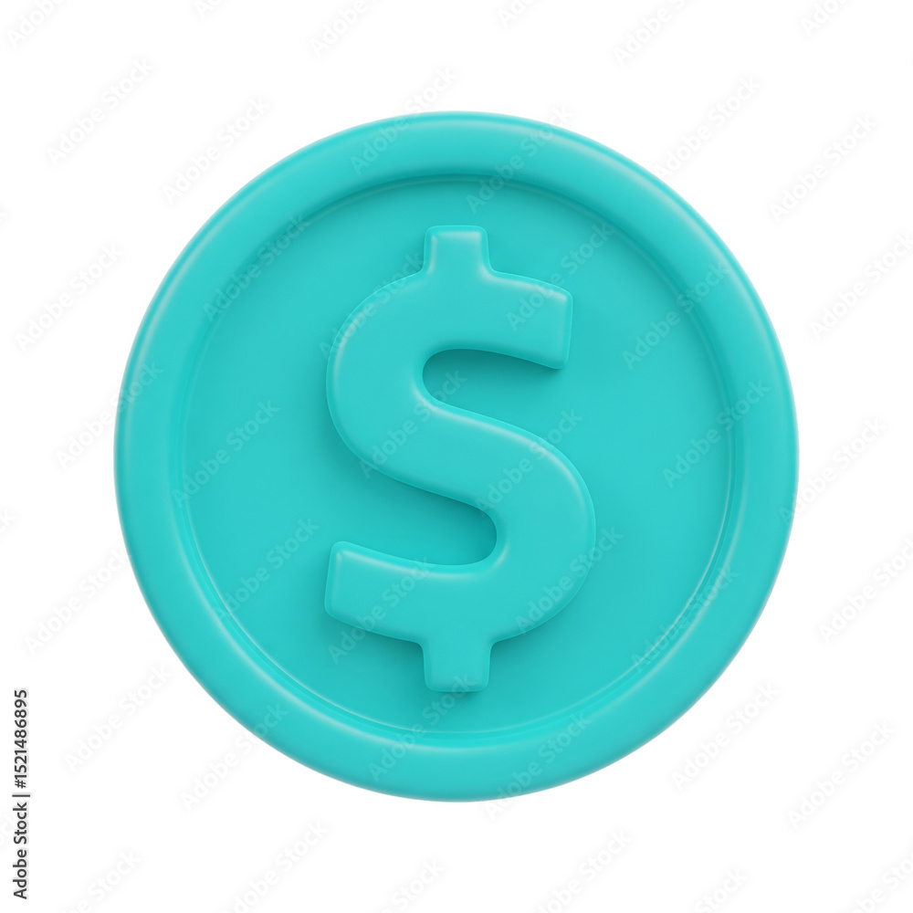 Turquoise Dollar Coin 3D Icon: Money, Finance & Investment Symbol. Business, Economy & Wealth Graphic Turquoise Dollar Coin 3D Icon: Money, Finance & Investment Symbol. Business, Economy & Wealth Graphic
