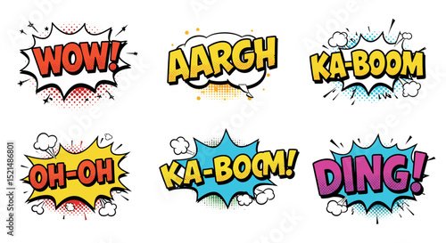 Colorful comic book sound effects set with speech bubbles and cartoon style expressions vector illustration