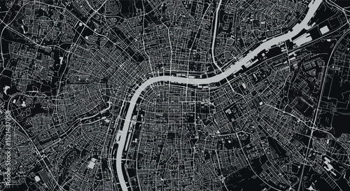 Urban map design with detailed city infrastructure and river layout for planning projects vector illustration