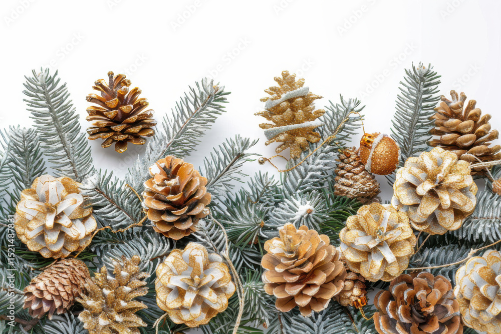 Fototapeta premium Festive Christmas arrangement with evergreen branches, gold ornaments, and pinecones on a white background, perfect for holiday decorations.