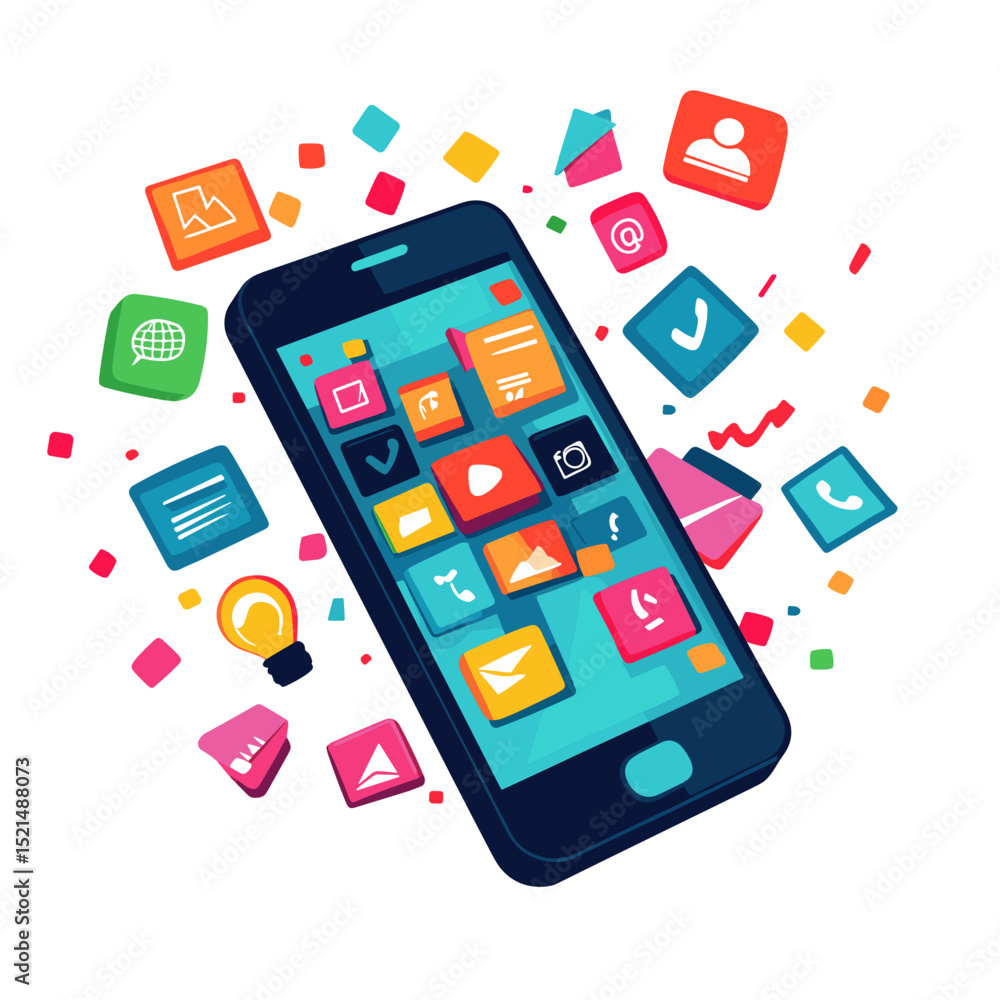Stylized Mobile Phone Displaying Various Colorful App Icons with a White Background Stylized Mobile Phone Displaying Various Colorful App Icons with a White Background