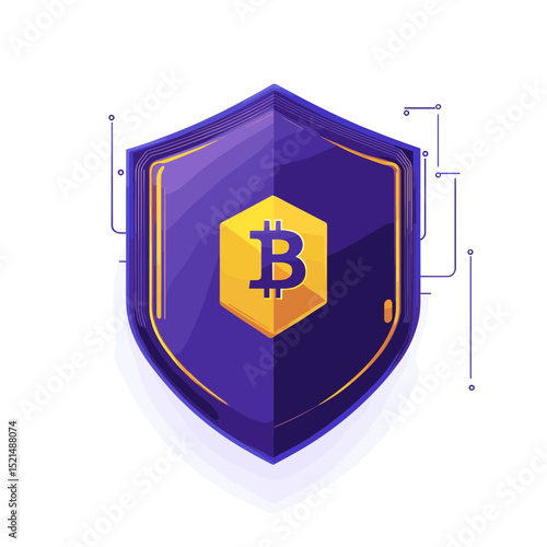 Stylized Purple and Gold Bitcoin Shield Symbol Representing Secure Digital Currency on Clean White Background
