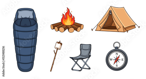 Illustration of camping equipment including a tent, campfire, and sleeping bag for outdoor adventures
