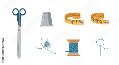 Illustration showing sewing tools including scissors thimble tape measure needles and thread on white background