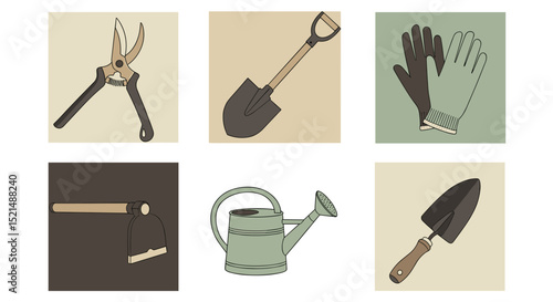 Illustration of gardening tools including shears, shovel, gloves, hoe, watering can, and trowel tools