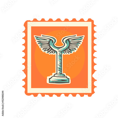 Stylized Winged Statue Postage Stamp with Intricate Frame in Retro Design Isolated on White Background for Decorative Design