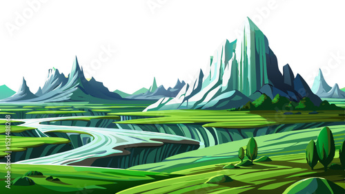 Vector illustration of a peaceful rural landscape with hills, meadows, and farmland ideal for countryside themes, nature backgrounds, and eco-friendly design projects
