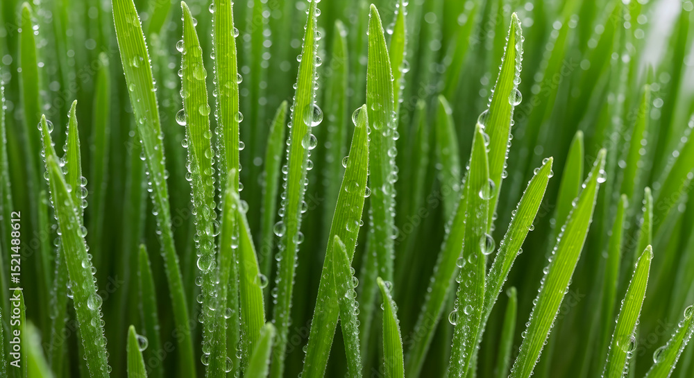 Fototapeta premium Fresh Dew Drops Adorning Blades of Green Grass Close Up