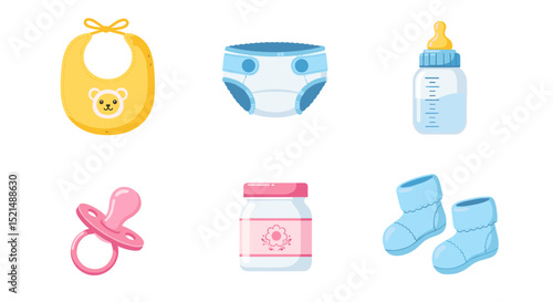 Illustration of baby essentials including a bib, diaper, bottle, pacifier, and baby booties items set