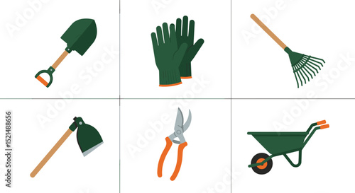 Illustration of gardening tools including a shovel gloves rake hoe pruners and wheelbarrow on a white background
