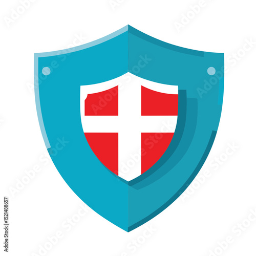 Turquoise Shield with White Cross and Red Infill Symbolizing Protection and Security on White Background