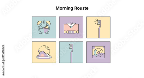 Illustration of morning routine icons including alarm clock, toothbrush and other personal care items