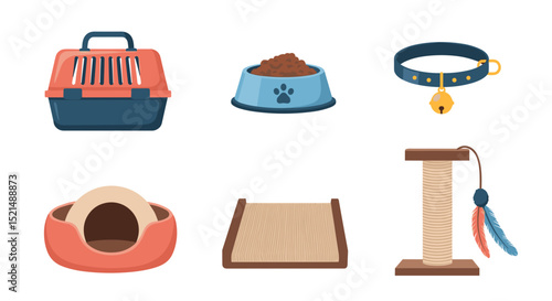 An illustration of various cat accessories including a carrier and a scratching post and food bowl
