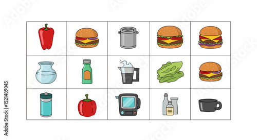 Illustration of various food and drink items arranged in a grid pattern with white background squares