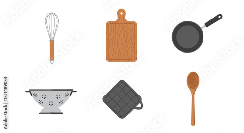 Illustration of kitchen utensils including a whisk cutting board pan colander pot holder and spoon