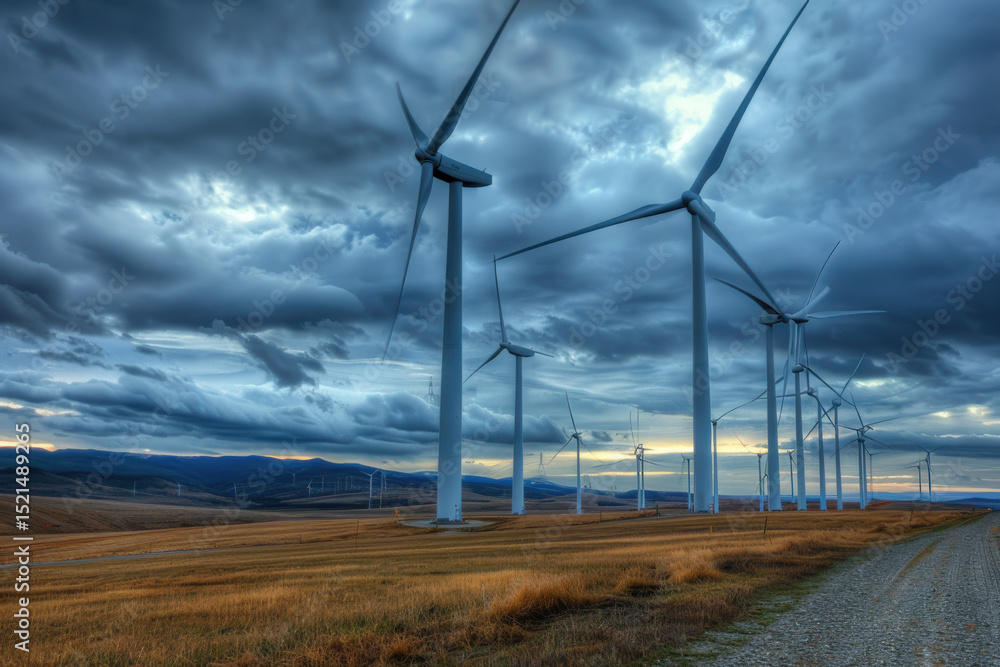 Obraz premium Wind turbines generating renewable energy on a coastal landscape with mountains in the background under a blue sky.