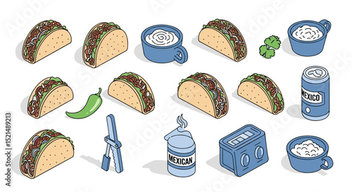 Isometric arrangement of tacos, condiments, a pepper, and mexican themed objects in a pattern