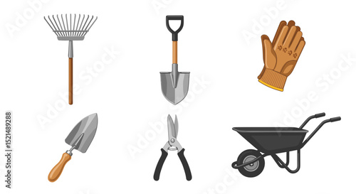 Illustration showcasing an assortment of gardening tools including a rake shovel and wheelbarrow set up neatly