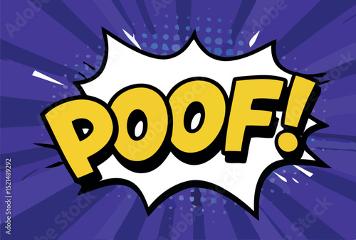 Comic style poof text on purple burst background for pop art design vector illustration