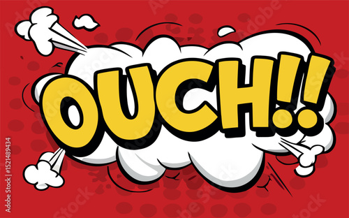Comic style ouch expression with explosive clouds and bold text vector illustration
