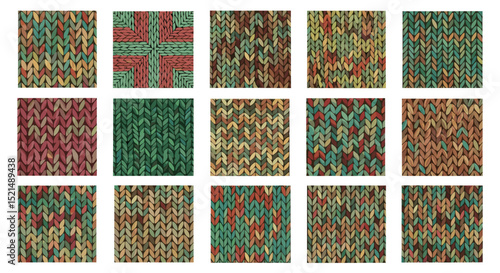 Collection of various knitted patterns in different colors and designs arranged in a grid format
