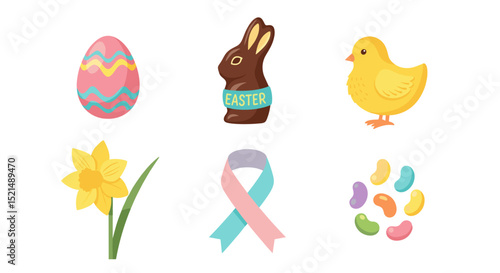 A collection of easter themed elements including egg chocolate bunny chick daffodil ribbon and jelly beans