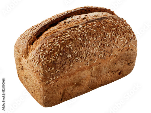 Whole grain bread loaf with seeds isolated on white background, healthy multigrain artisan bread for bakery, diet and organic food stock, whole grain bread loaf image