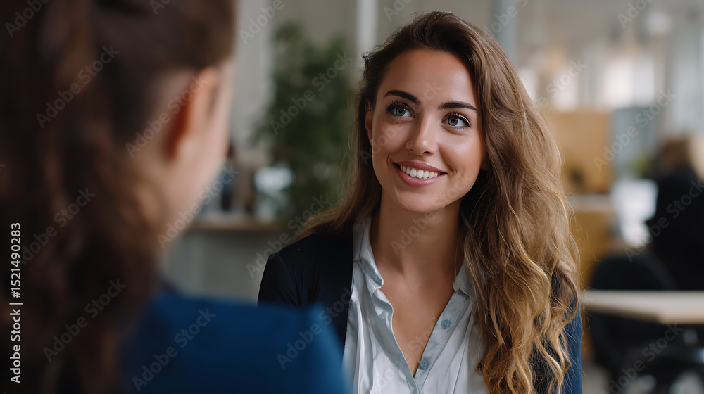 Smiling Young Woman in Business Meeting, Casual Office Setting Smiling Young Woman in Business Meeting, Casual Office Setting