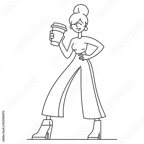 Line art of woman holding an oversized coffee cup.