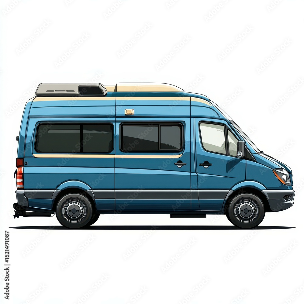 Classic camper van design parked under a clear blue sky on a sunny day by the beach Classic camper van design parked under a clear blue sky on a sunny day by the beach