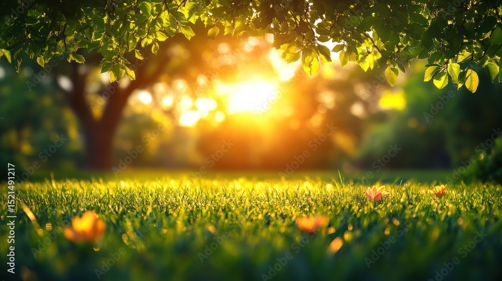 Obraz premium Golden sunlight filters through leaves onto lush green grass