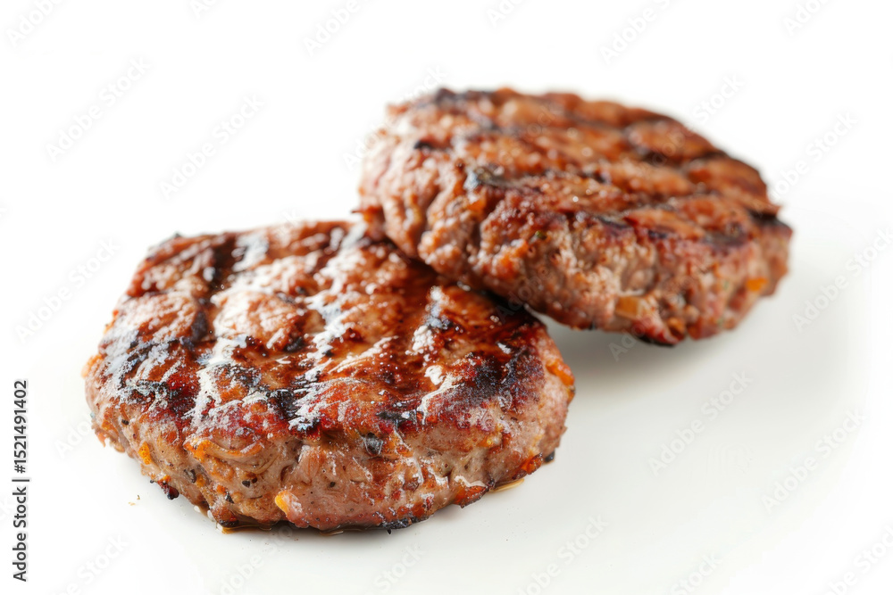 Two grilled beef patties with sear marks, juicy and well-cooked, isolated on a white background. Two grilled beef patties with sear marks, juicy and well-cooked, isolated on a white background.