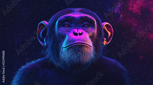 A striking digital artwork showcasing a chimpanzee with a neon glow against a starry galaxy.