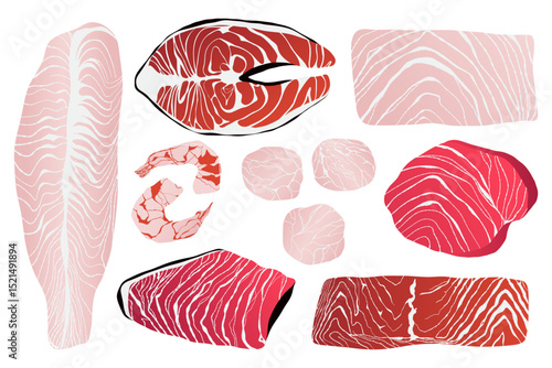 Seafood products. Fish healthy sea food salmon steak shrimp cod tuna codfish, organic sea fish and shellfish grocery ingredients flat cartoon style. Vector isolated set