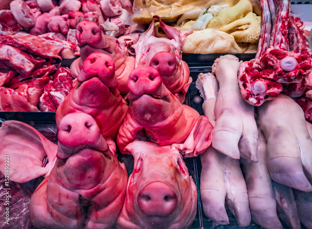 custom made wallpaper toronto digitalFreshly displayed pork cuts at a bustling market showcasing various meat parts and offal, attracting shoppers on a lively afternoon