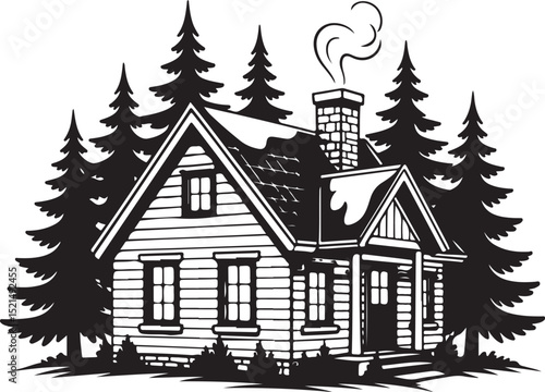 A cozy cabin nestled amidst towering evergreen trees, smoke gently rising from its chimney