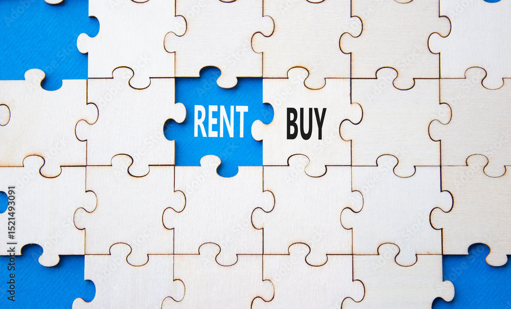 Fototapeta premium Rent or Buy symbol. Concept word Rent or Buy on wooden puzzle. Beautiful blue background. Business and Rent or Buy concept. Copy space