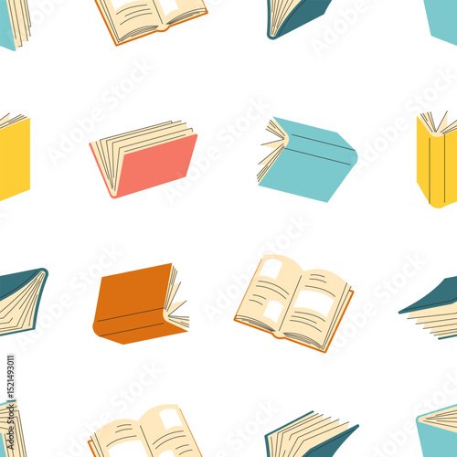  Seamless pattern of books. Cute hand drawn different stacks and piles of books, open and closed books isolated on white background.