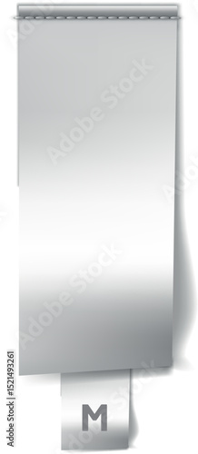 White textile label sewn vertically, vector realistic cloth fabric tag with M size, cotton or silk badge mockup