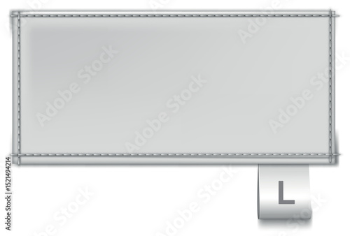 Textile label with stitching around the perimeter and size tag (L) at the bottom.